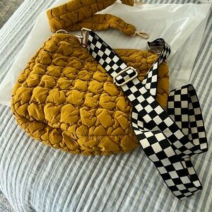 Quilted Mustard Shoulder Bag with Detachable Checker Strap